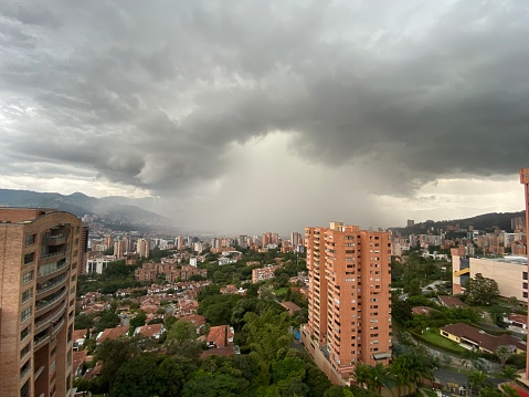 The city of Medellín, Colombia as torrential rain falls on the city's downtown.