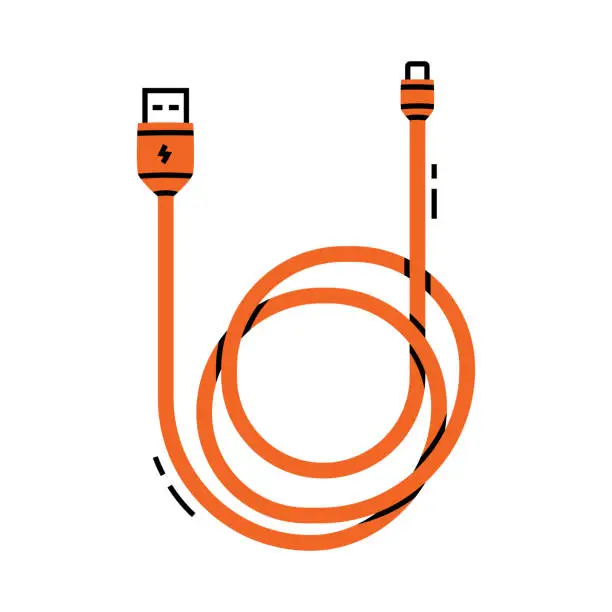 Vector illustration of Orange Battery Charger Cable and USB Wire Vector Illustration