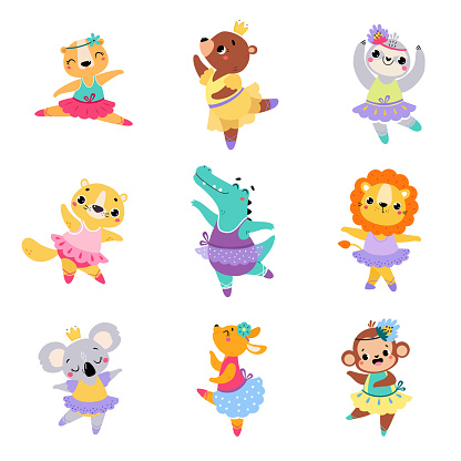 Funny Animal Ballet Dancing in Skirt and Pointe Shoes Vector Set. Cute Mammal Ballerina Perform Pirouette