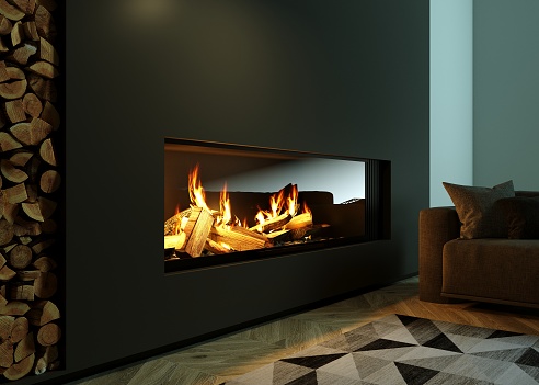 3d illustration. Modern glass corner fireplace in the interior in the style of minimalism or loft. Heating technology