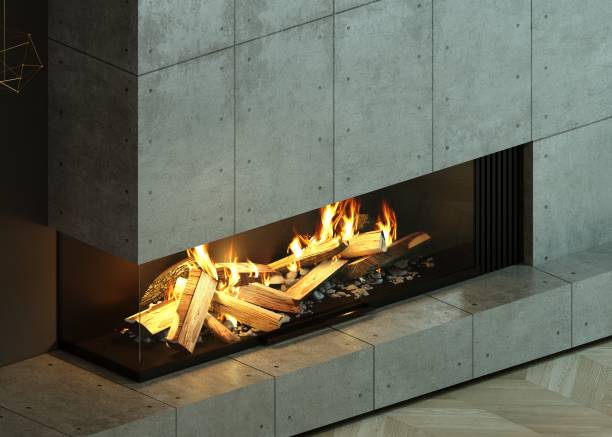 istock Modern glass corner fireplace in the interior 2148174773