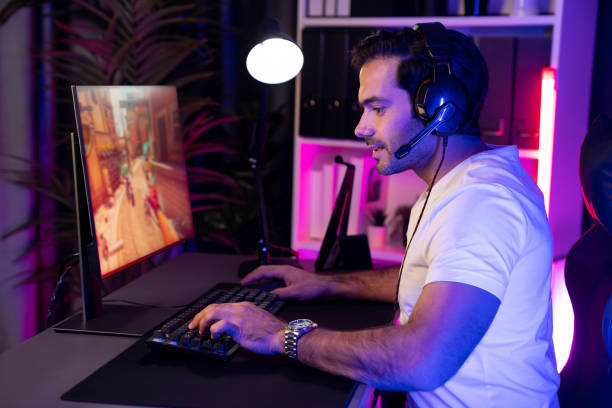 istock Smart streamer playing battle team with streaming online shooting gun. Surmise. 2148174922