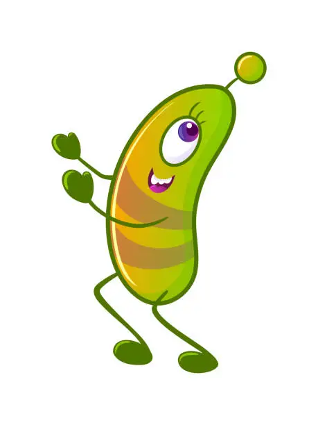 Vector illustration of Cute monster is running. A green alien that looks like plankton or a microbe. Neon colors, Y2k, gradient, 2000s Cartoon illustration. Space flights, the future. Halloween stickers, design elements.