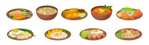 Vector illustration of Appetizing Thai Food Served on Plates Vector Set