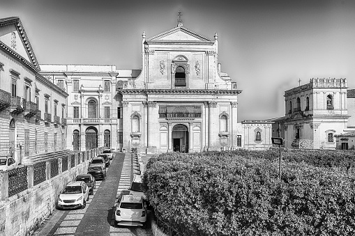 Facade of the church of Santissimo Salvatore, baroque masterpiece and major landmark in Noto, picturesque town in Sicily, Italy