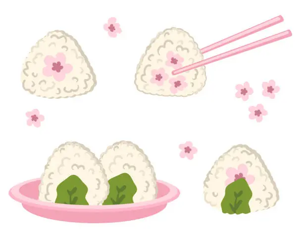 Vector illustration of Japanese sakura onigiri rice balls collection. Perfect for stickers, posters, menu and stationery. Hand drawn vector illustration for decor and design.