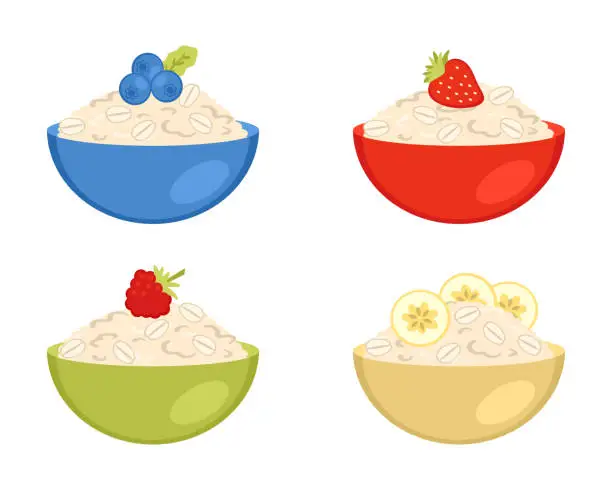 Vector illustration of Oatmeal porridge bowls with different flavors collection. Raspberry, strawberry, blueberry and banana set. Perfect vector print for stickers, poster, menu.