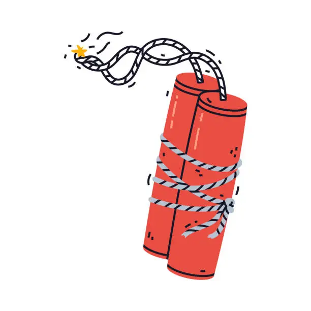 Vector illustration of Dynamite Red Stick Sheaf with Fuse as Explosive and Reactive Substance for Explosion Vector Illustration