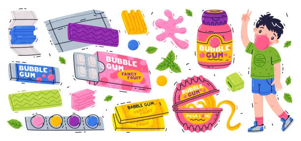 Vector illustration of Bubble Gum and Sweet Chewing Gum Vector Set