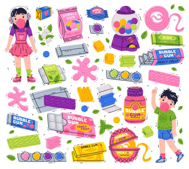 Vector illustration of Bubble Gum and Sweet Chewing Gum Vector Set