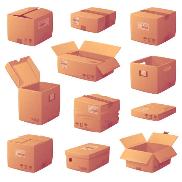 Vector illustration of Cardboard Box as Paper Packaging Container Vector Set