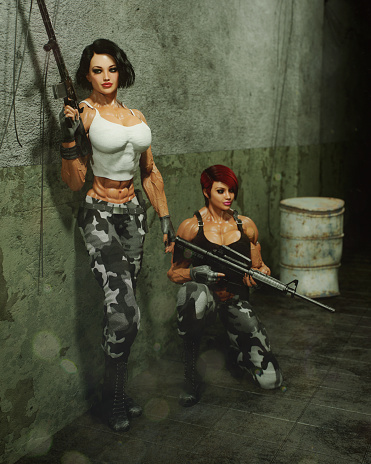 Digitally generated two fit women dressed in tactical gear stand in a dimly lit, gritty urban environment, exuding confidence and readiness. The tall woman on the left, with a fearsome expression, grips a rifle with a skilled hand. Her counterpart, a red-haired woman with an intense gaze, kneels beside her, also holding a firearm. The atmosphere is tense and suggests a moment of calm before a potential action.

The scene was created in Autodesk® 3ds Max 2024 with V-Ray 6 and rendered with photorealistic shaders and lighting in Chaos® Vantage with some post-production added.