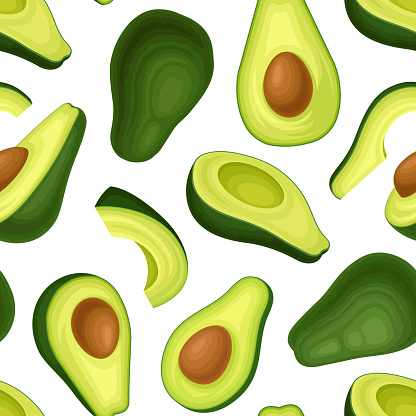 Avocado Seamless Pattern Design with Green Fruit and Kernel Vector Template. Tropical Organic Fat Ingredient