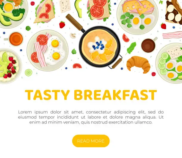 Vector illustration of Breakfast Tasty Food Banner Design with Served Meal Vector Template