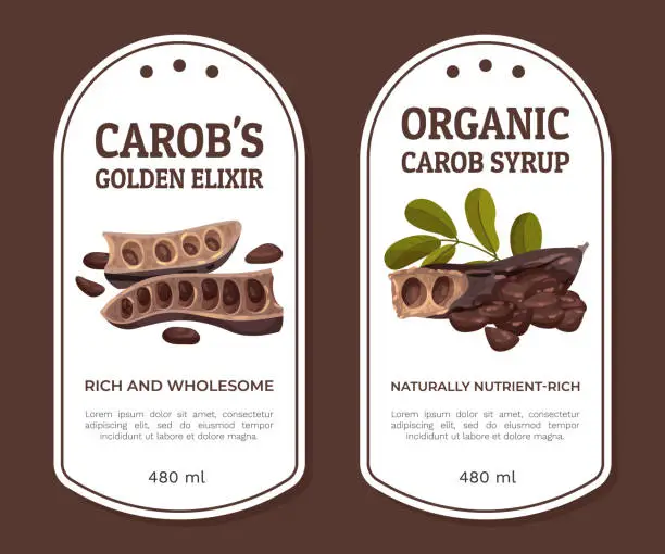 Vector illustration of Carob Syrup Label or Product Sticker Design with Eco Crop Vector Template