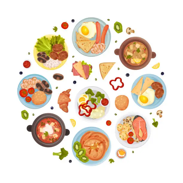 Vector illustration of Different Food Round Composition with Tasty Dish Served on Plate Vector Template