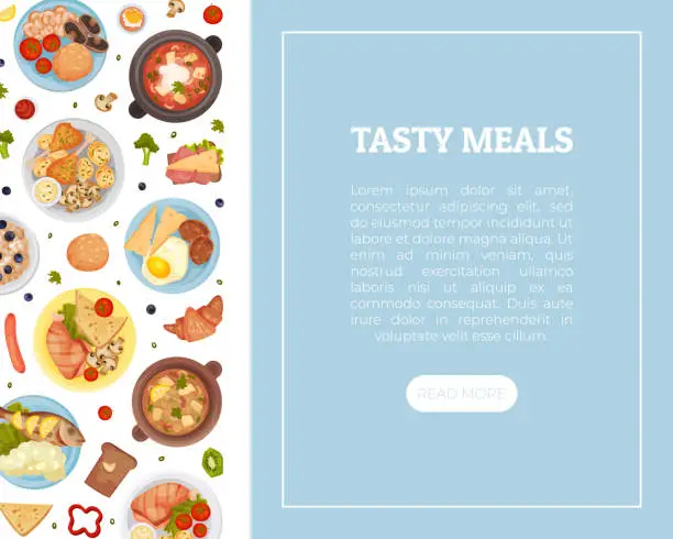 Vector illustration of Different Food Banner Design with Tasty Dish Served on Plate Vector Template