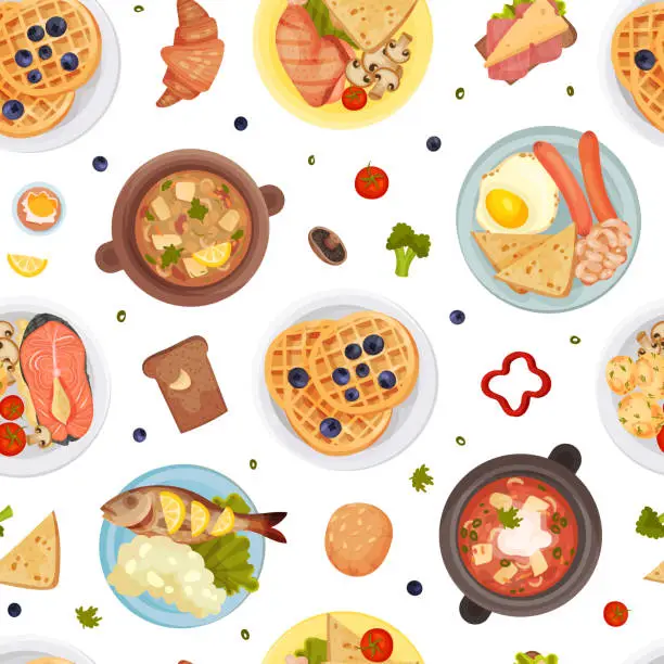 Vector illustration of Different Food Seamless Pattern with Tasty Dish Served on Plate Vector Template