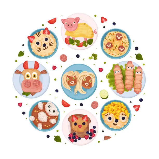 Vector illustration of Children Breakfast Food and Meal Round Composition Design Vector Template