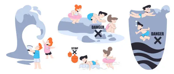 Vector illustration of Little Children Swimming in Sea in Dangerous Situation with Big Wave Vector Set