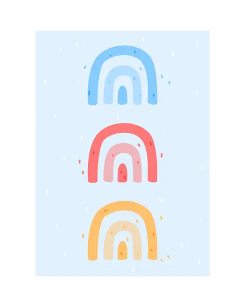 Vector illustration of Cute Blue Kids Poster with Rainbow as Nursery Print Design Vector Illustration