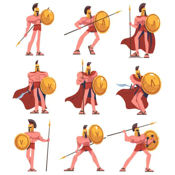 Vector illustration of Man Spartan Soldier or Warrior in Helmet with Spear and Shield Vector Set