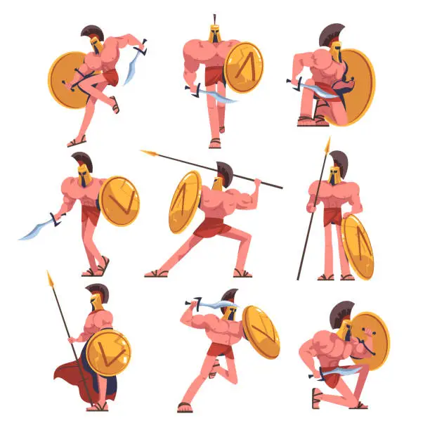 Vector illustration of Man Spartan Soldier or Warrior in Helmet with Spear and Shield Vector Set