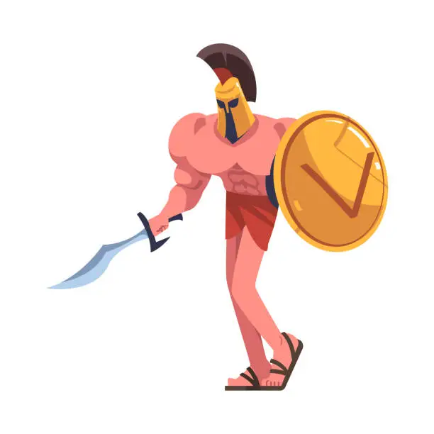 Vector illustration of Man Spartan Soldier or Warrior in Helmet with Sword and Shield Vector Illustration