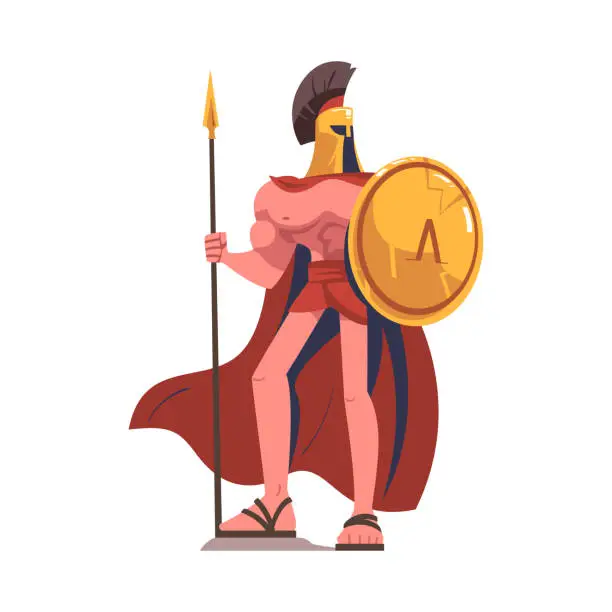 Vector illustration of Man Spartan Soldier or Warrior in Helmet with Spear and Shield Vector Illustration