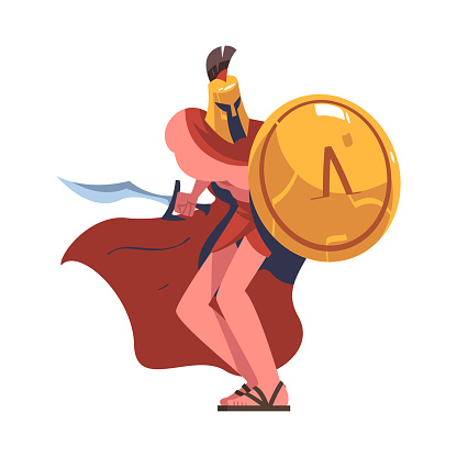 Man Spartan Soldier or Warrior in Helmet with Sword and Shield Vector Illustration. Muscular Male Greek Fighter