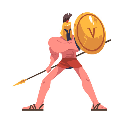 Man Spartan Soldier or Warrior in Helmet with Spear and Shield Vector Illustration. Muscular Male Greek Fighter