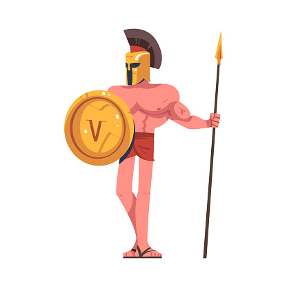 Man Spartan Soldier or Warrior in Helmet with Spear and Shield Vector Illustration. Muscular Male Greek Fighter