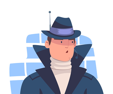 Man Spy Character in Black Coat and Hat Investigating Vector Illustration. Young Male Detective Engaged in Espionage and Investigation