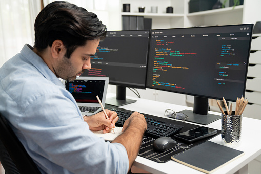 It Developer Writing Data Memo Software Development On Papers Coding ...