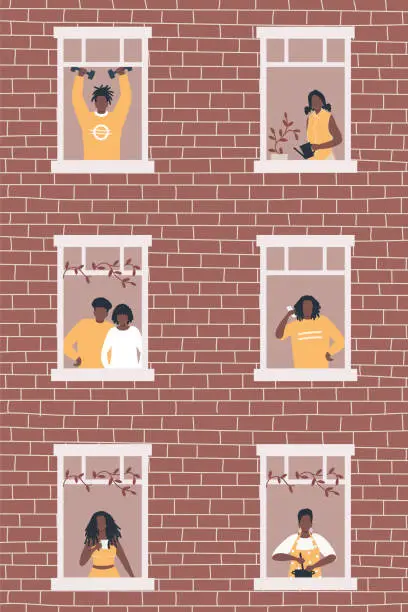 Vector illustration of People at the window in brown house. Black  people. Neighbors