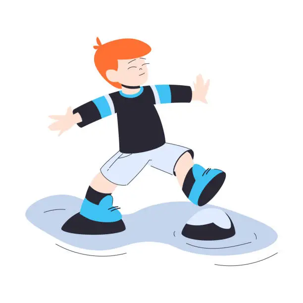 Vector illustration of Happy Boy Walk Over Water Step on Pebble Having Fun Vector Illustration