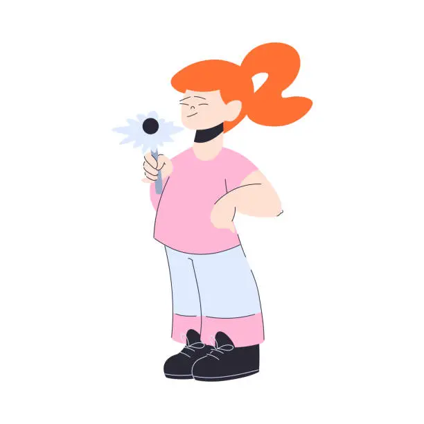 Vector illustration of Happy Redhead Girl Standing Holding Flower on Stem Having Fun Vector Illustration