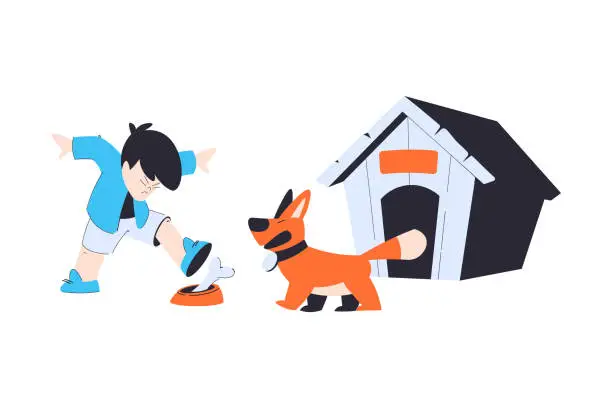 Vector illustration of Naughty Boy Step on Dog Food Bowl Have Bad Behaviour Vector Illustration