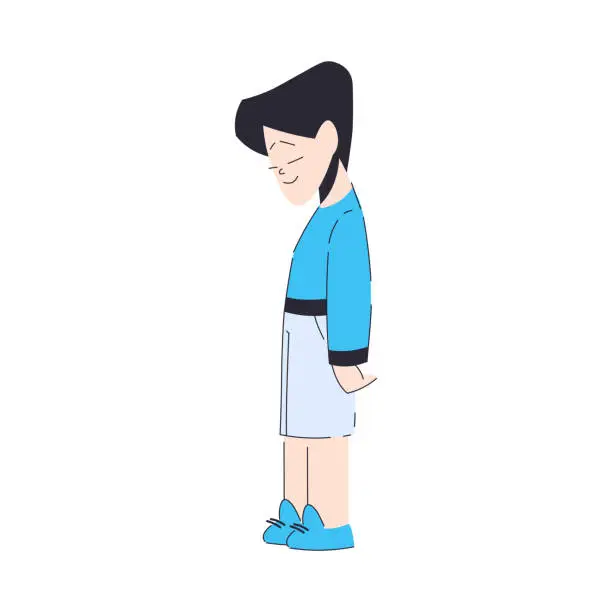 Vector illustration of Happy Shy Boy Standing with Head Down Vector Illustration