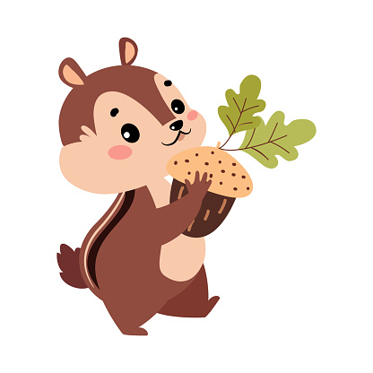 Funny Chipmunk Character with Cute Snout Holding Acorn Vector Illustration. Small Rodent and Gnawer Woodland Animal