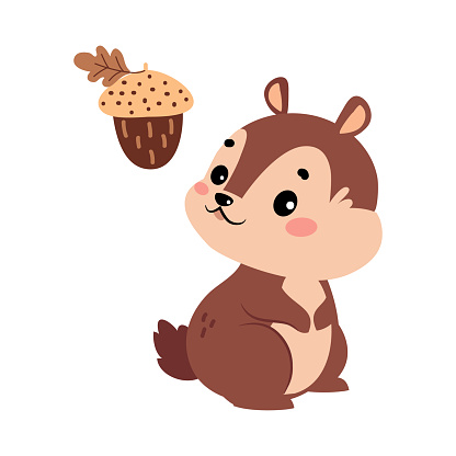 Funny Chipmunk Character with Cute Snout Look at Acorn Vector Illustration. Small Rodent and Gnawer Woodland Animal