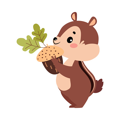 Funny Chipmunk Character with Cute Snout Holding Acorn Vector Illustration. Small Rodent and Gnawer Woodland Animal