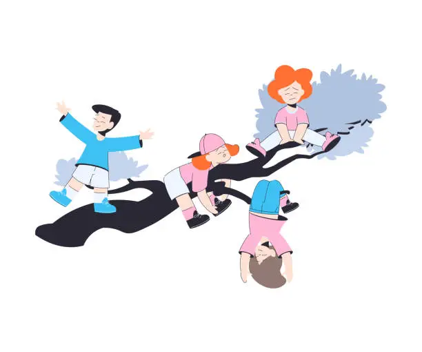 Vector illustration of Happy Boy and Girl Playing in Tree Branch Having Fun Vector Illustration