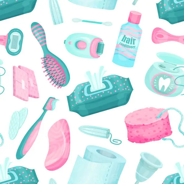 Vector illustration of Essential Personal Hygiene Items Seamless Pattern Design Vector Template