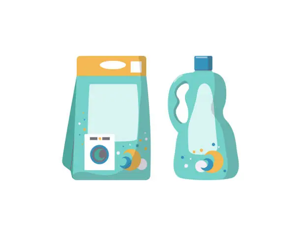Vector illustration of Set of detergents for washing clothes in the washing machine. Bag and bottle with household chemicals. Vector illustration, white isolated background.