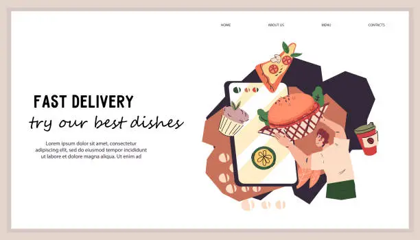 Vector illustration of Website banner template for fast food takeout and takeaway, vector illustration.