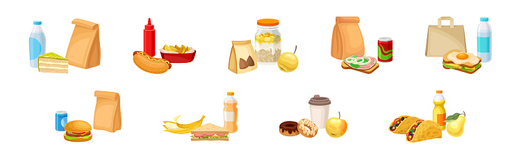 School Lunch Bag with Different Products Vector Set. Lunchtime Food and Takeaway Meal