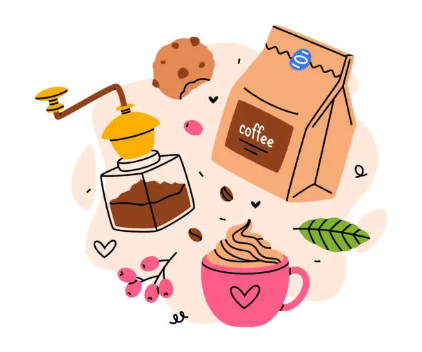 Vector illustration of Coffee Aromatic Drink with Package, Cup with Cream and Grinder Vector Composition