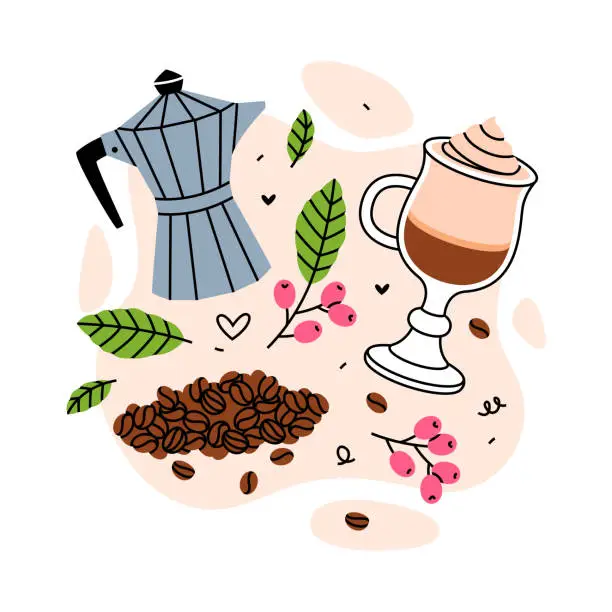Vector illustration of Coffee Aromatic Drink with Bean Pile, Kettle and Glass Vector Composition