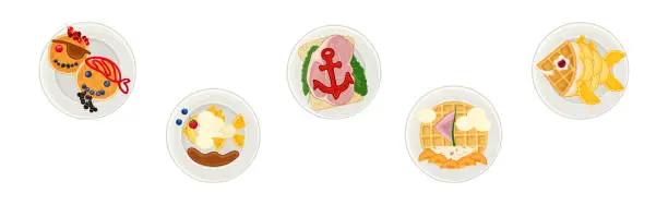 Vector illustration of Breakfast Pirate Food for Children and Meal Plating Idea Vector Set